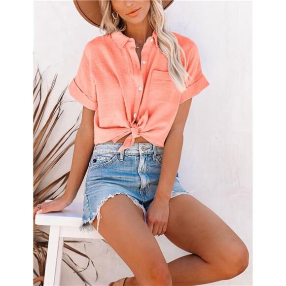 🌿 Women’s Linen Button Down Shirt – V-Neck Collared Tunic with Short Sleeves - Picture 3 of 5